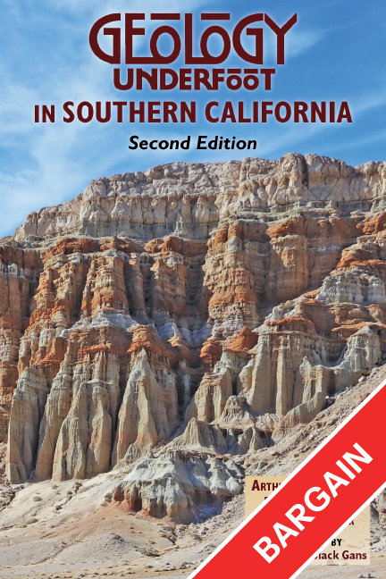 Book cover of Geology Underfoot in Southern California with a mountainous landscape. It has a red banner in the bottom right corner that reads bargain.