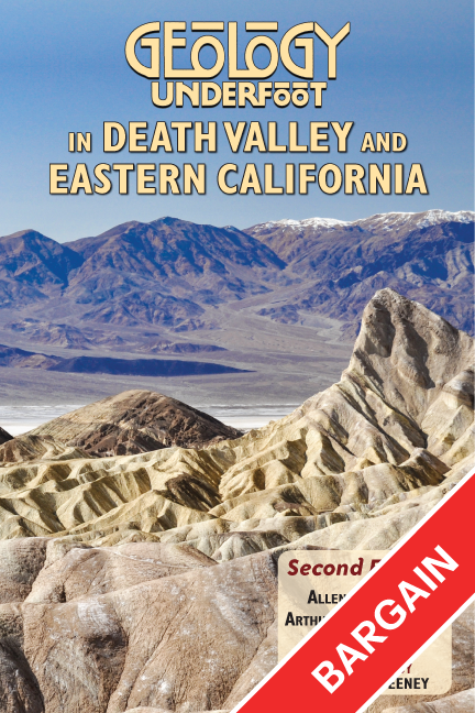 Book cover of Geology Underfoot in Death Valley and Eastern California with a scenic view of mountains and desert. It has a red banner in the bottom right corner that reads bargain.