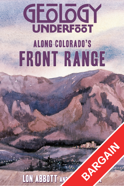 Book cover of Geology Underfoot Along Colorado's Front Range with a mountain landscape painting. It has a red banner in the bottom right corner that reads bargain.