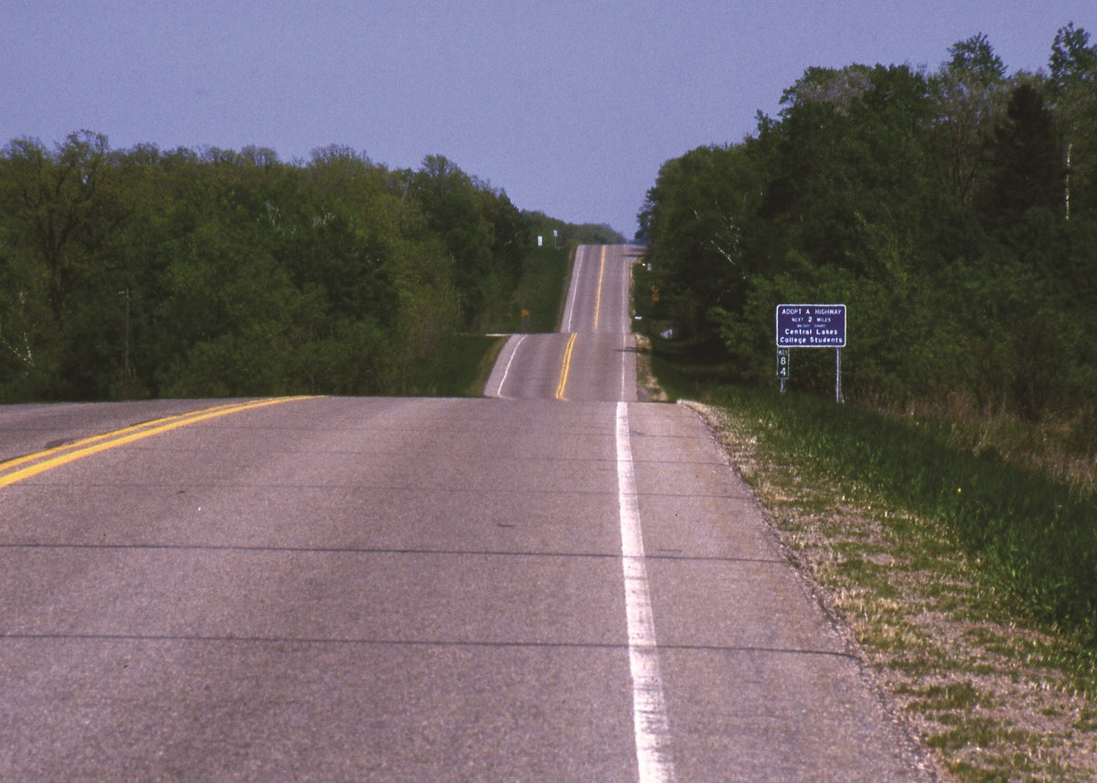 A hilly road flanked by green trees, Minnesota