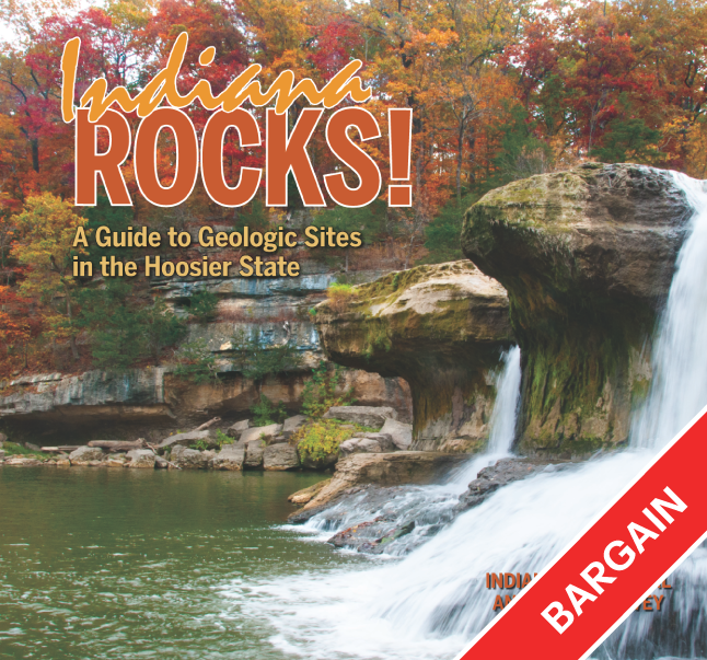 Book cover of Indiana Rocks with a waterfall and autumn foliage. There is a red banner in the bottom right corner that says bargain.
