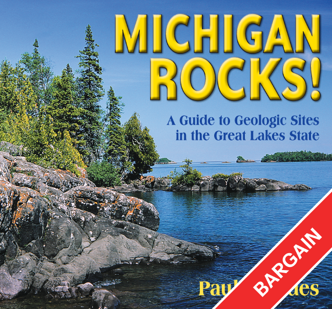 Book cover of Michigan Rocks with a scenic view of rocks, trees, and a lake. It has a red banner in the bottom right corner that reads bargain.