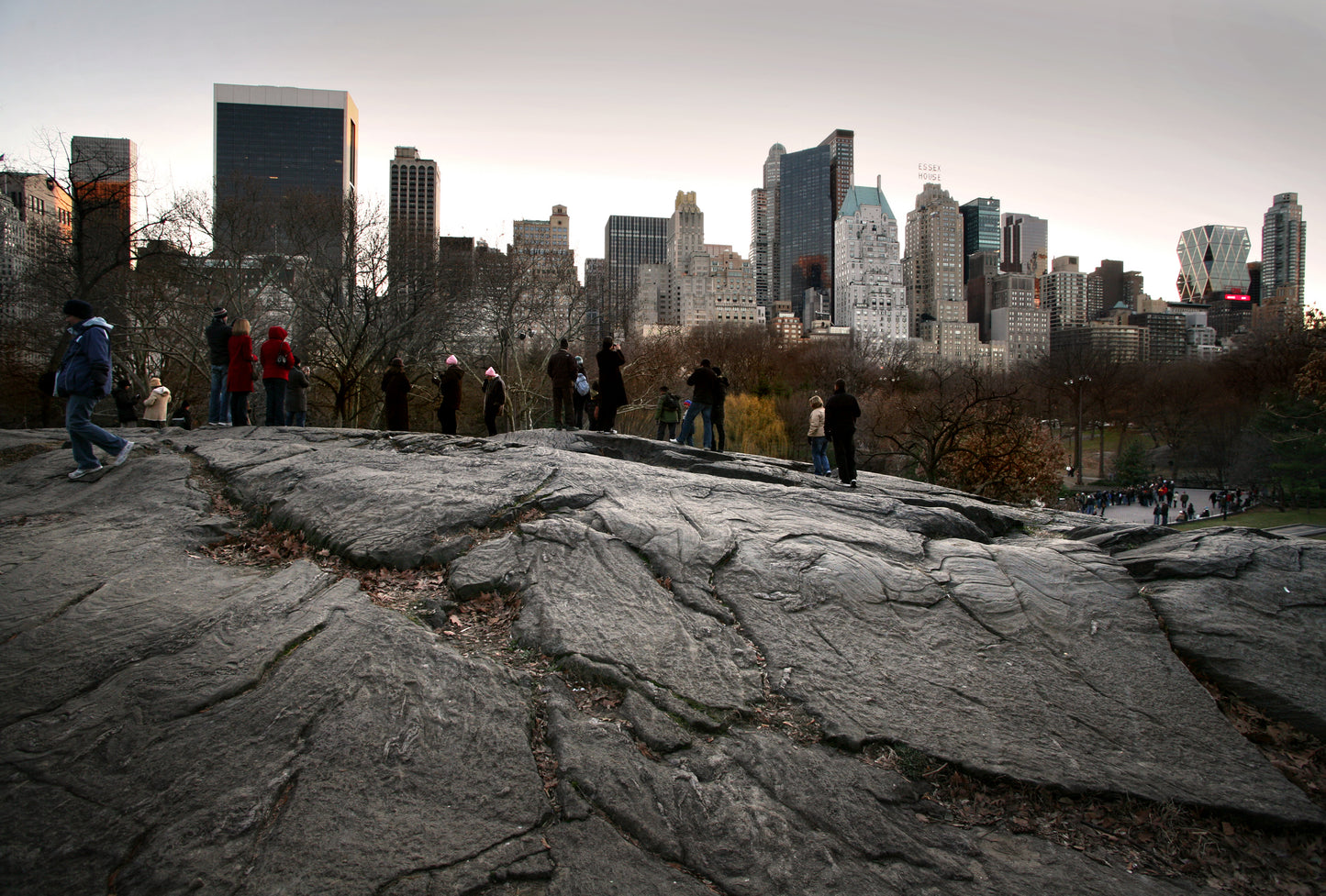 VIew of Manhattan skyline atop a large slab of dark gray rock with people and vegetation directly ahead. Manhattan image.