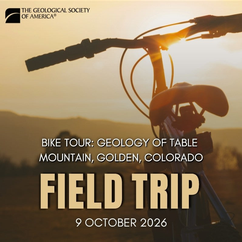 Bicycle parked outdoors at sunset, with sunlight shining through the handlebars and a blurred landscape in the background. Text advertises a GSA field trip.