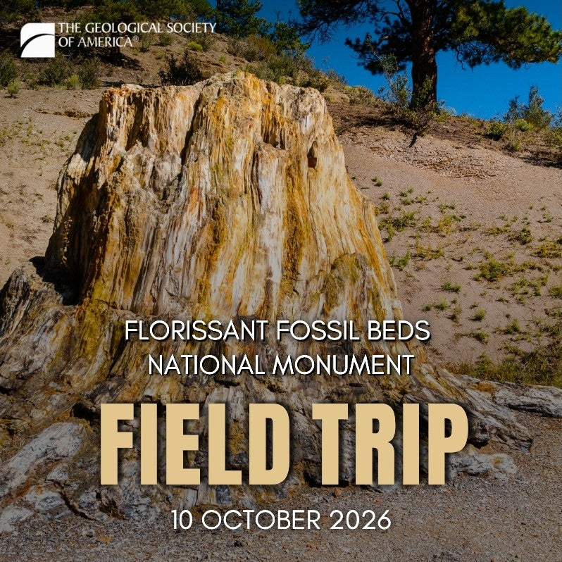 Petrified tree stump with preserved wood grain and mineralized textures exposed in a dry, sandy landscape with pine trees and hills in the background. Text advertises a GSA field trip.