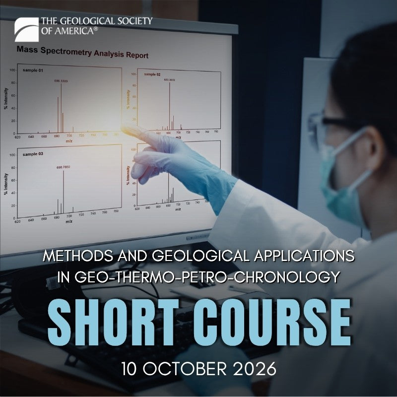 A person in a lab coat, mask, and gloves points to a chart on a computer screen. Text advertises a GSA short course.