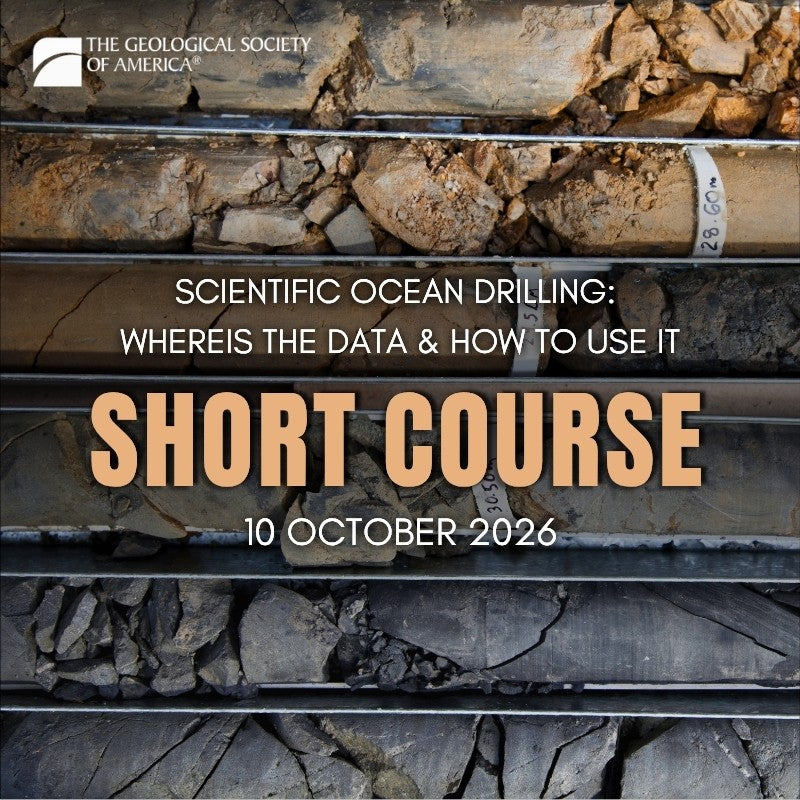 Text advertising a GSA short course placed on top of an image of different types of rocks.