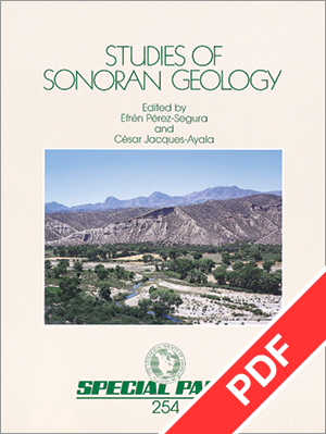 Cover of the e-book "Studies of Sonoran Geology", showing a landscape photo of the Sonoran Desert.