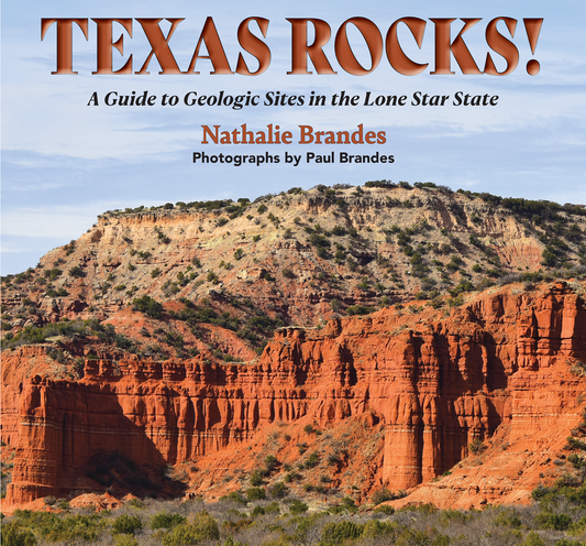 Cover of the book 'Texas Rocks! A Guide to Geologic Sites in the Lone Star State' by Nathalie Brandes with photographs by Paul Brandes, featuring a landscape image of a geologic site in Texas.