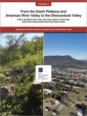 Cover for Field Guide 72 showing an image of a landslide on the left and a drone image looking at the west side of Massanutten Mountain on the right.