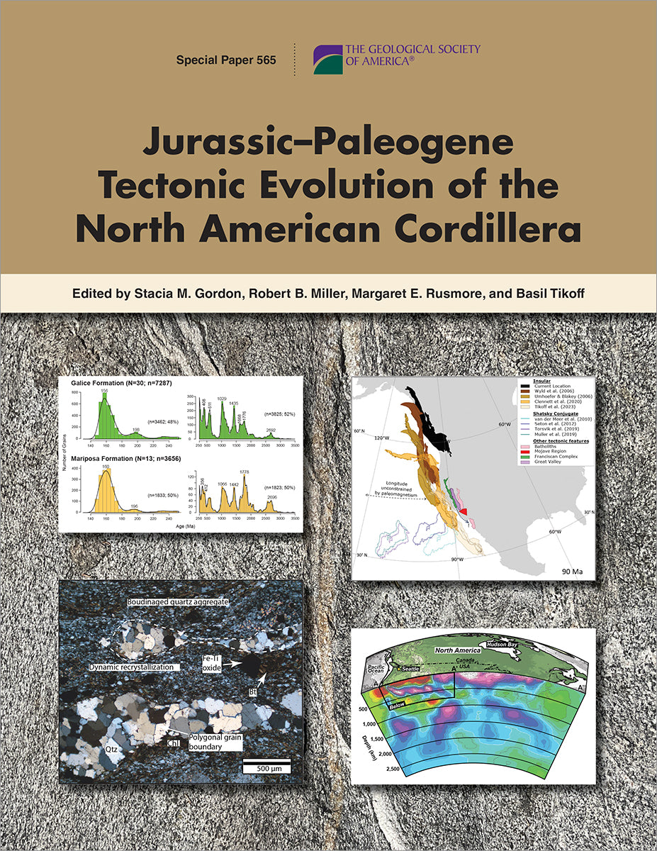 Book cover for GSA Special Paper 565: "Jurassic–Paleogene Tectonic Evolution of the North American Cordillera" with four color figures on top of a photo of a foliated gray rock that has centimeter-scale white quartz veins
