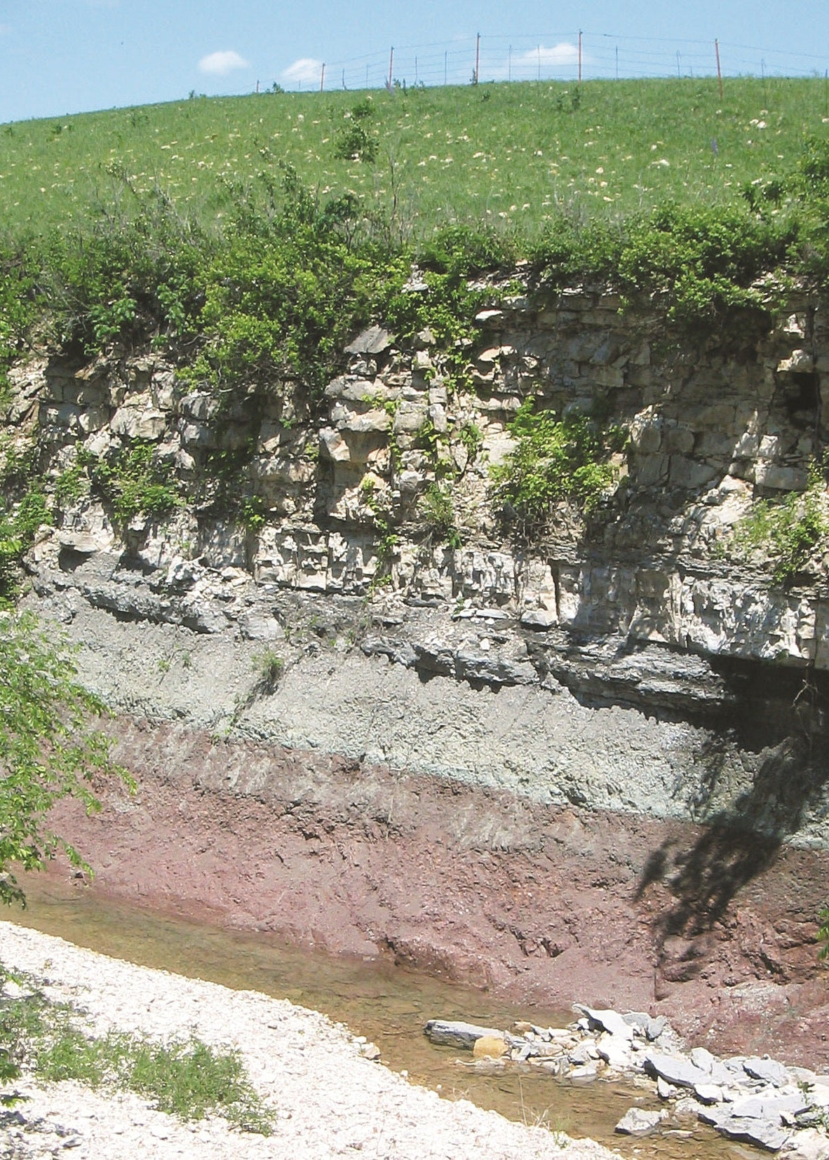Rocky cliff face with a body of water at the base, green grass on top, and clear blue sky, Kansas
