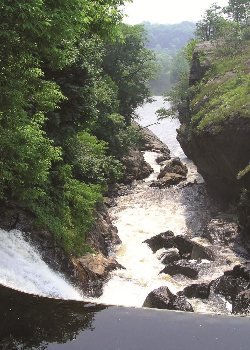 A scenic view of a rocky river gorge with a waterfall in the lower left, white rushing water, dense green trees, and dark cliffs.