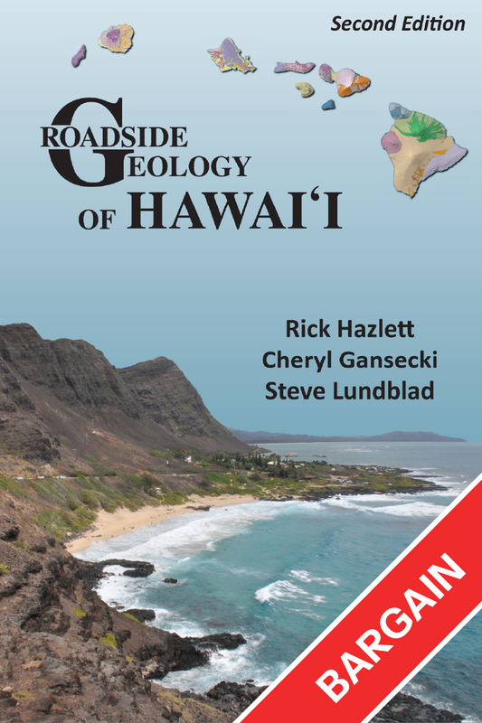 Cover of the book Roadside Geology of Hawaii , featuring a landscape image of a coastal area with mountains and a clear blue sky. The top right corner includes a geologic map of Hawaii.  There is a red banner in the right corner that reads bargain. 