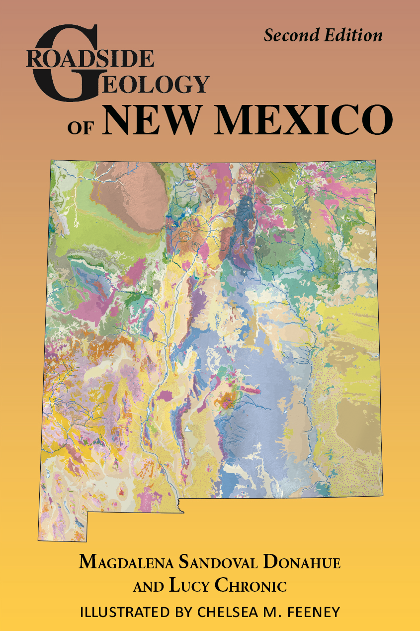 Cover of the book Roadside Geology of New Mexico featuring a geological map of the state of New Mexico on a gradated brown and yellow background. 