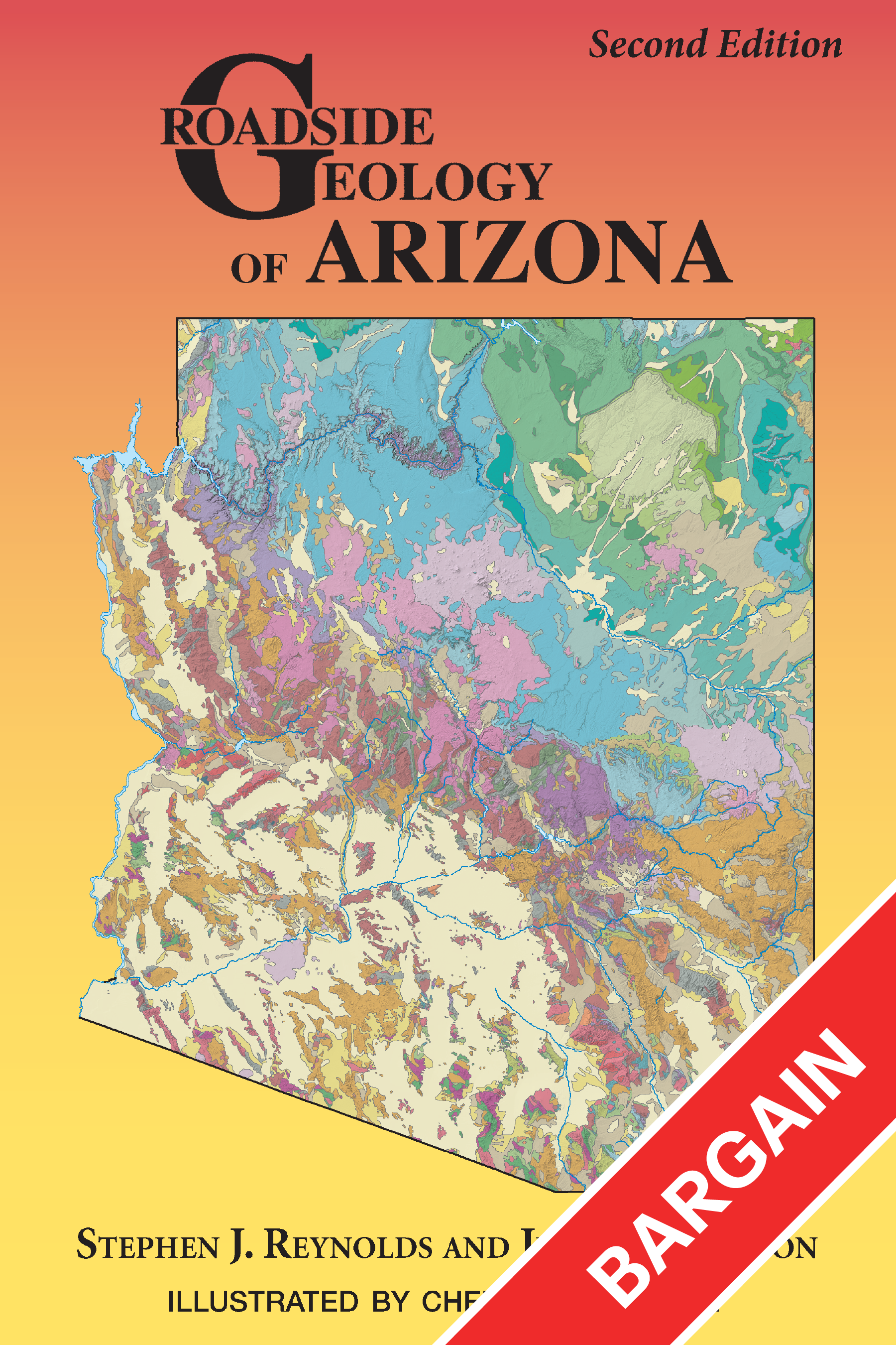 a geological map of arizona on an orange and yellow background. a red banner reads bargain. 