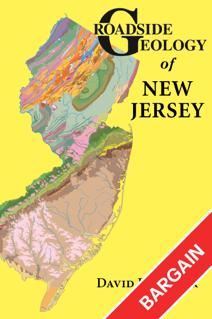 Book cover of Roadside Geology of New Jersey with a colorful geological map on a yellow background.  It has a red banner in the bottom right corner that reads bargain. 