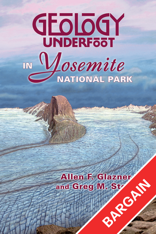 Cover of the book Geology Underfoot in Yosemite National Park featuring a illustration of a mountainous landscape with a prominent peak. There is a red banner that reads bargain in the right corner. 
