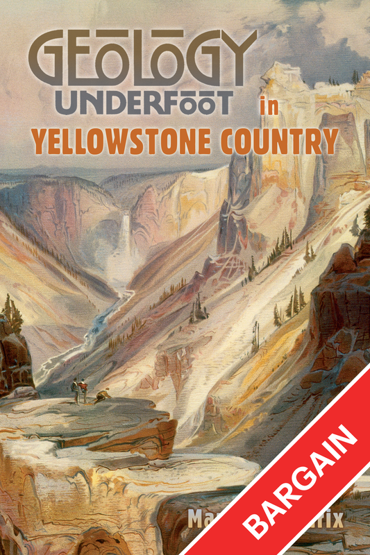 Cover of the book Geology Underfoot in Yellowstone Country featuring a scenic painting of a waterfall and river flowing through a mountainous landscape. There is a red banner that reads bargain. 