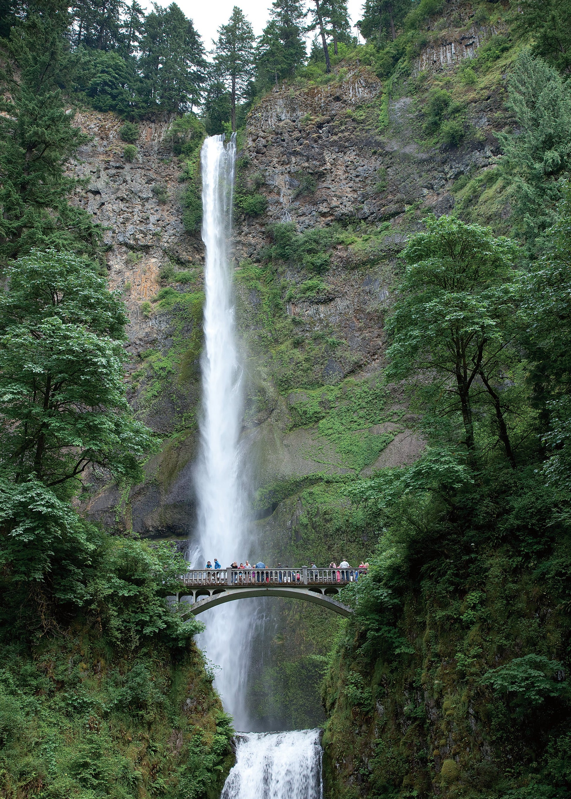 Multnomah Falls, in the Columbia River Gorge, has a combined drop of 620 feet (190 m) from the top of its upper to the base of its lower falls.