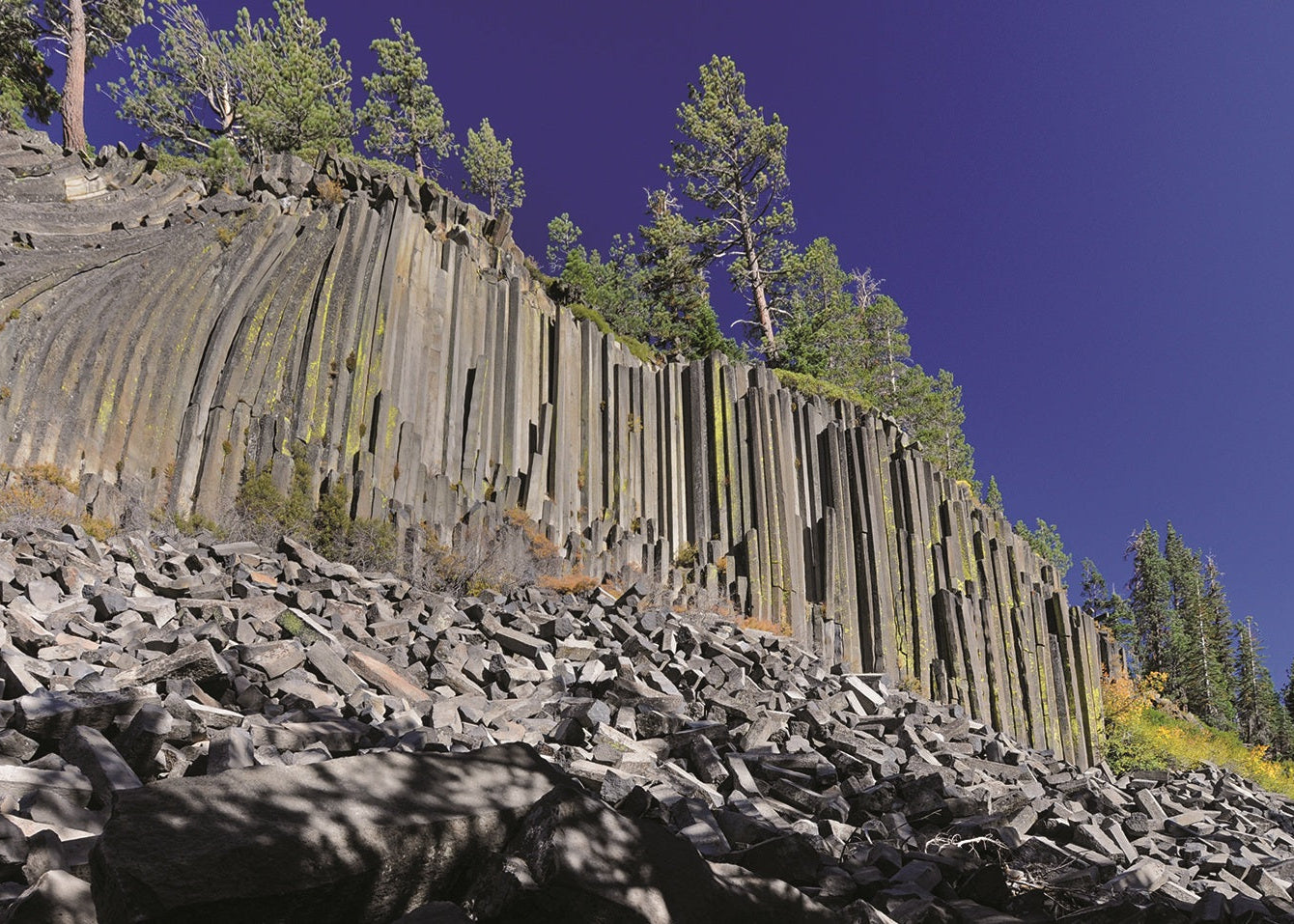 A low-angle landscape photograph of the rock column cliffs under a deep blue sky, with pine trees on top of the rock and a foreground of dark jagged basalt fragments. Death Valley California