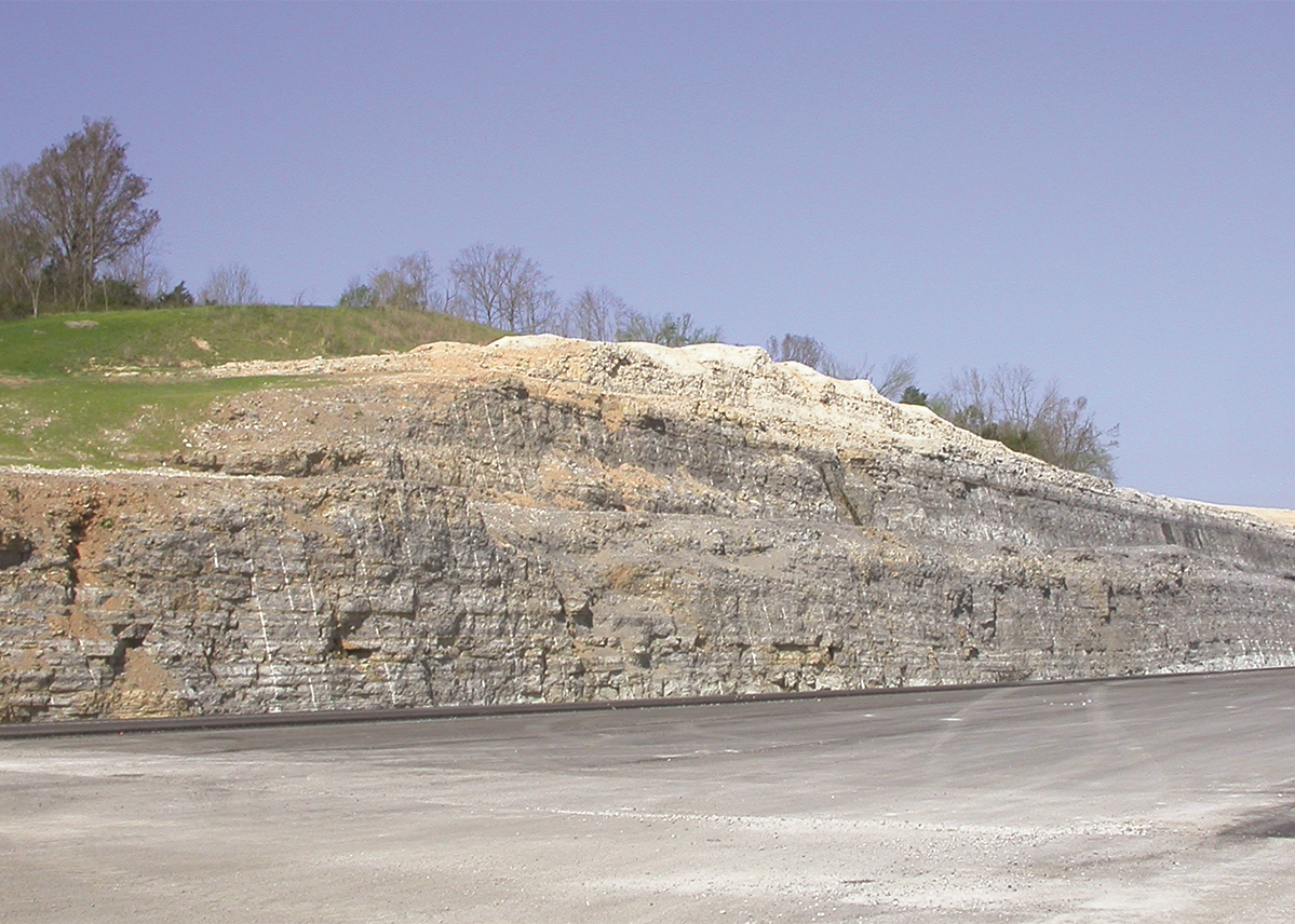 Roadside rock formation with trees and grass under a clear blue sky, Missouri