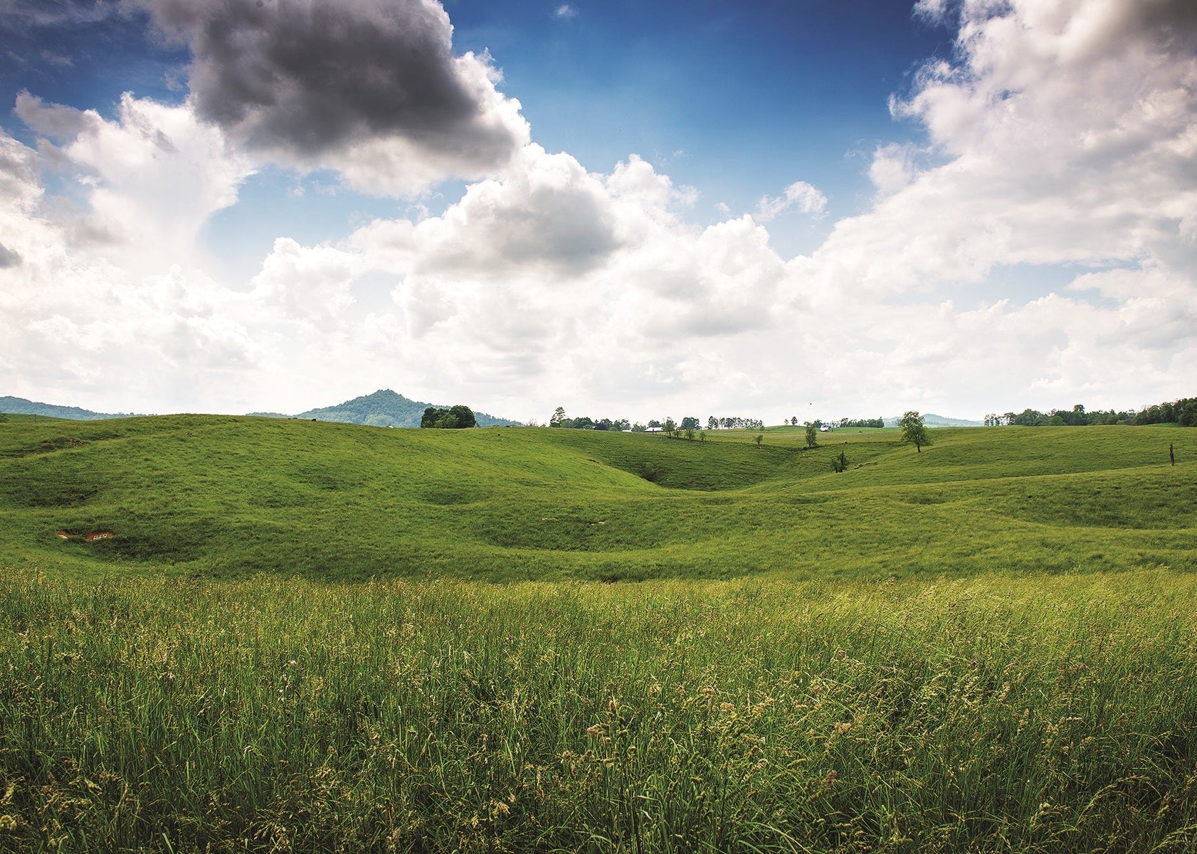 Green field with rolling hills under a blue sky with clouds, West Virginia