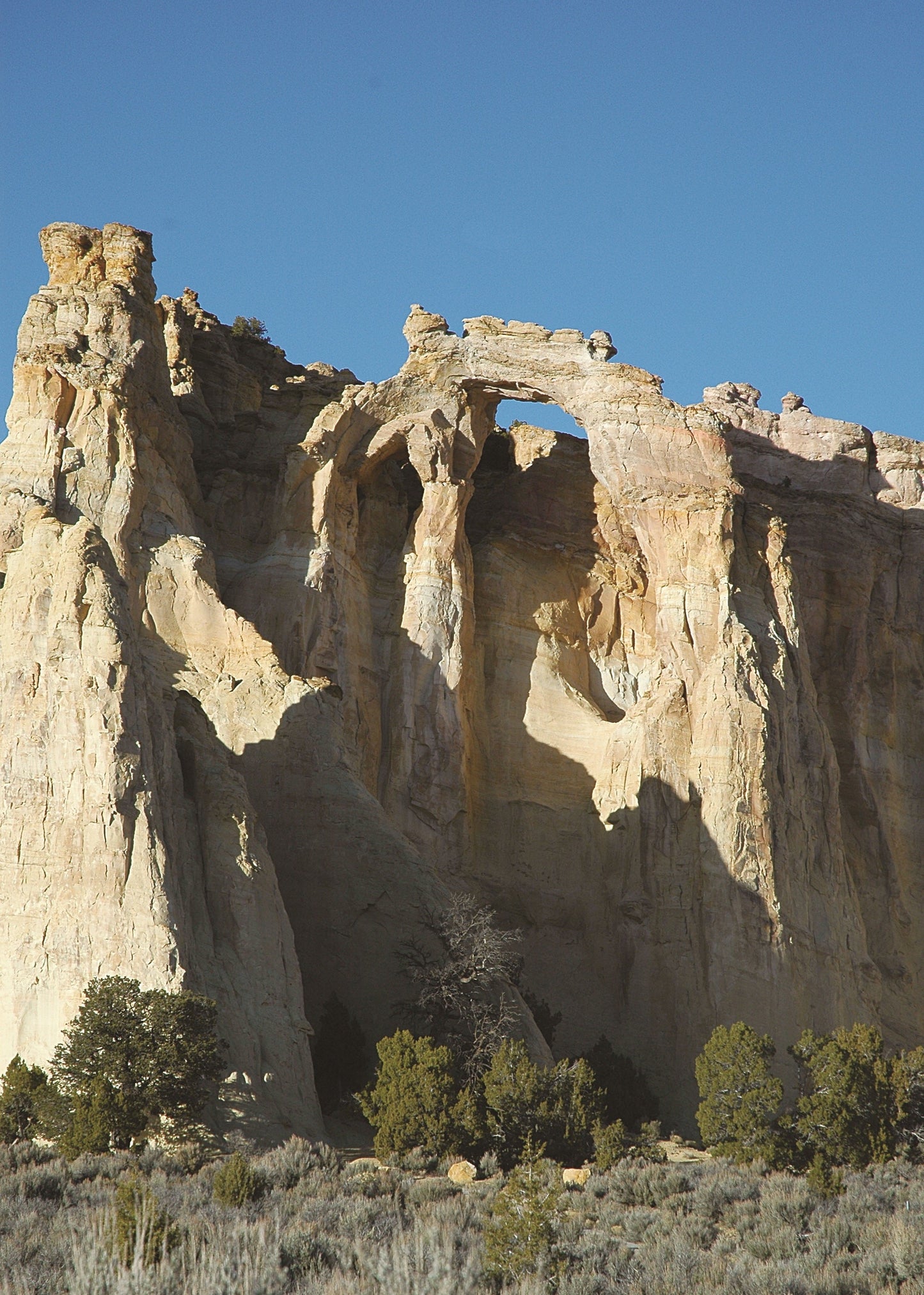 Prominent pink and white Jurassic Entrada Sandstone erodes into cliffs and hoodoos, fantastic columns or pinnacles of rock at Grosvenor Arch