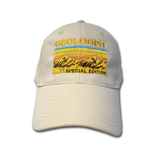 tan baseball cap that says "Geologist" in gold with an embroidered mountain range design