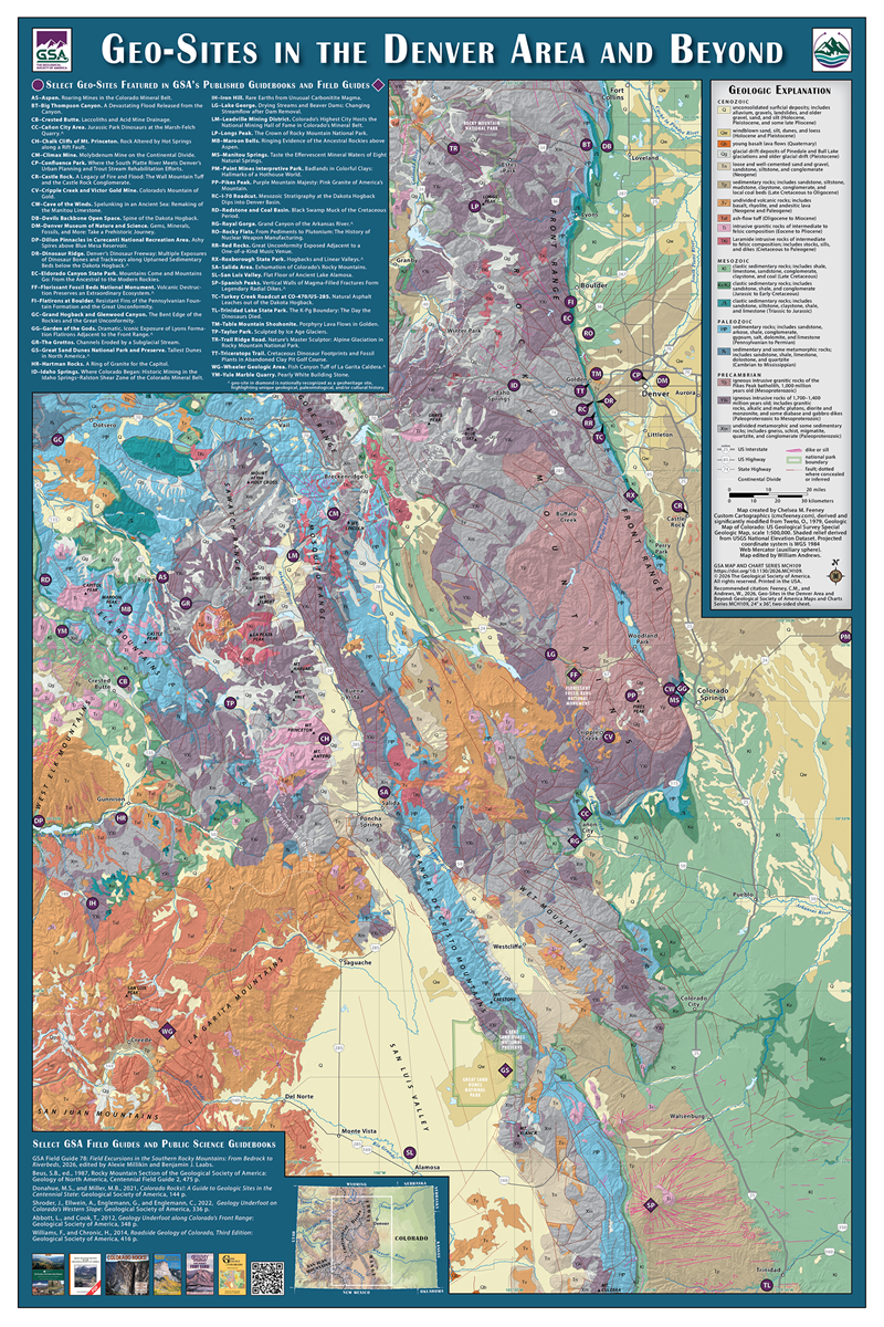 Front side of Geo-Sites in the Denver Area and Beyond map, primarily focusing on the  Front Range, showing faults, rock types, top geo-sites, map explanation, and related books.