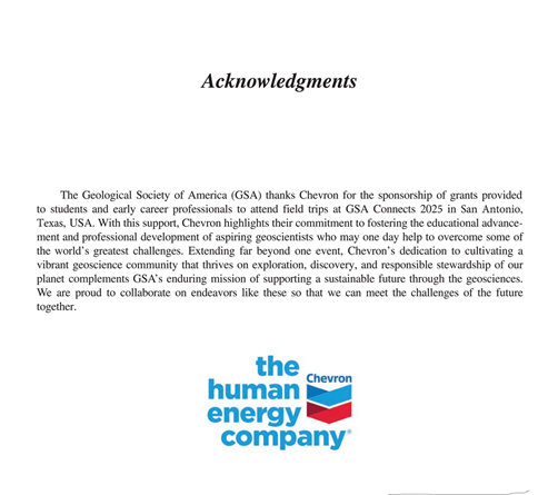 Acknowledgments page thanking Chevron, the Human Energy Company, for sponsoring grants for students and early career professionals for GSA Connects 2025 field trips.