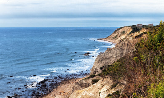 View of blue water from high, brush-covered coastline. Shifting Sand image.