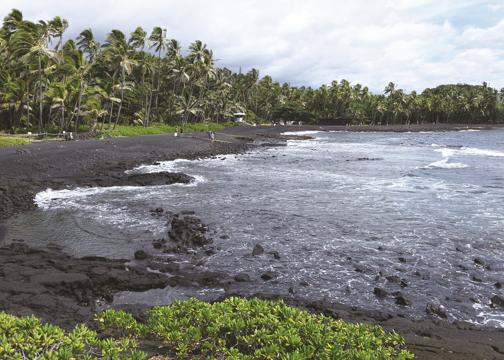 Black sand beach with greenery and palm trees under a cloudy sky, Hawii