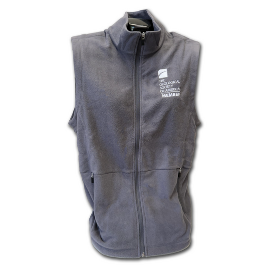 Grey fleece zipper vest that has The Geological Society of America Member written on the left side. 