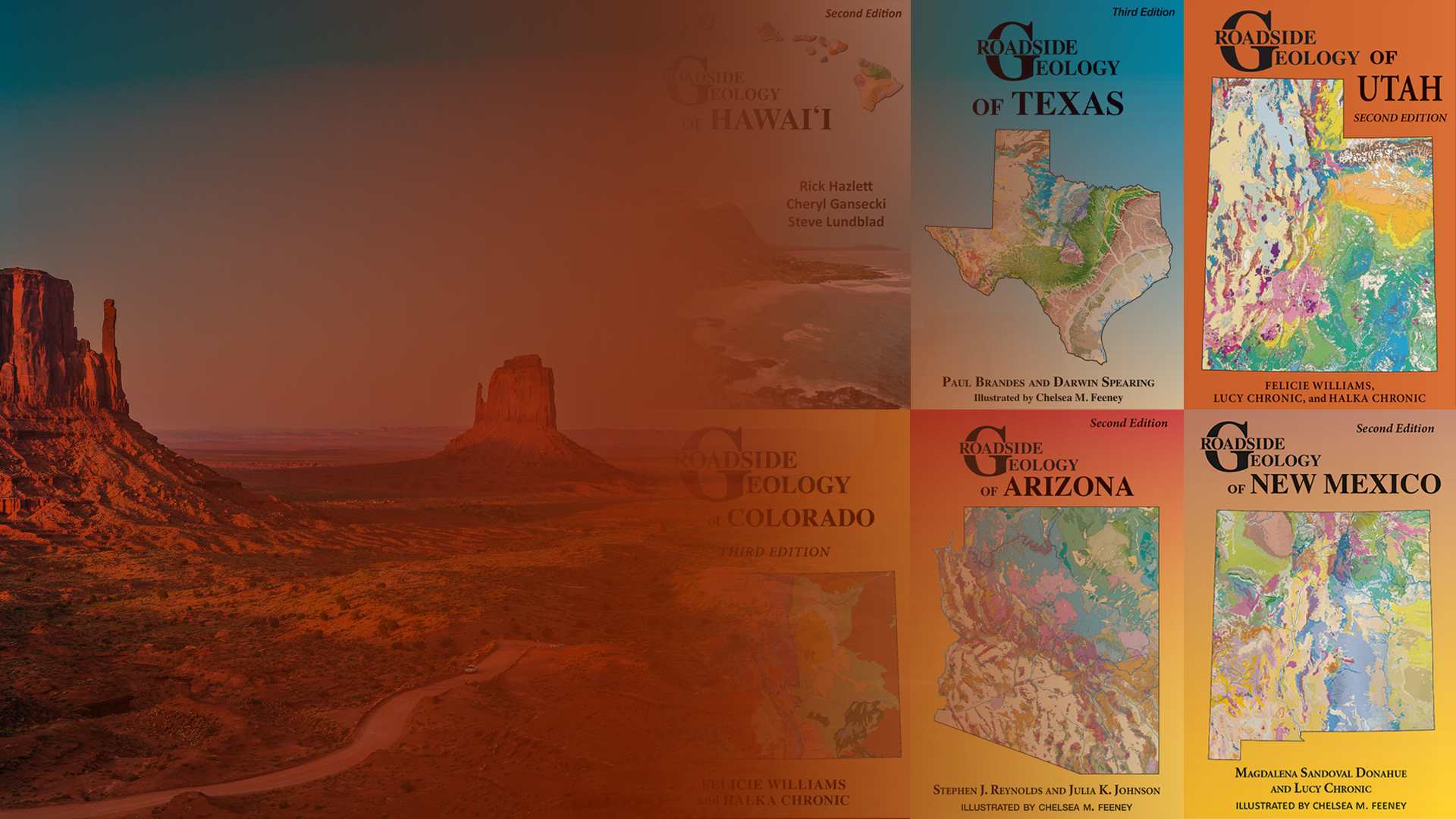 Collage of Roadside Geology books with a desert landscape in the background.