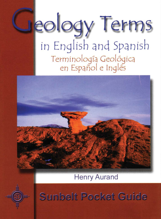 Book cover of Geology Terms in English and Spanish with a desert landscape illustration.