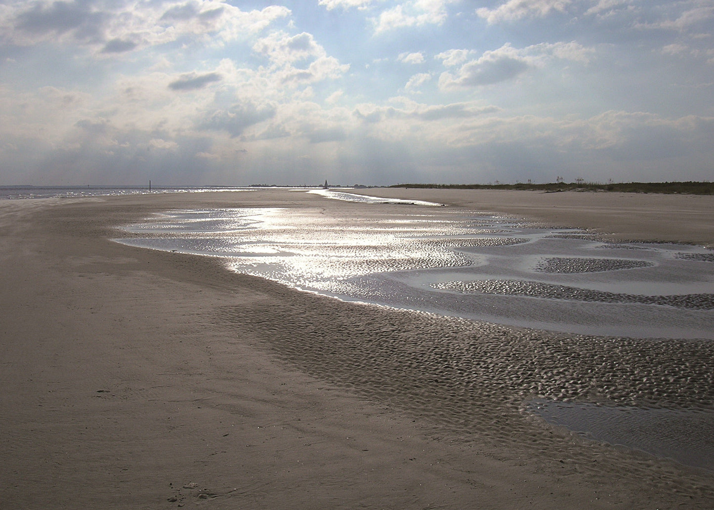 Beach with low tide revealing sand patterns under a cloudy sky, Georgia