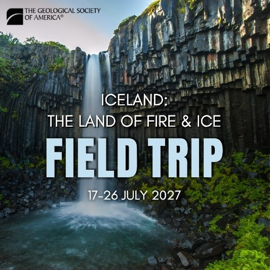 Promotional poster for a field trip to Iceland with a waterfall and geological formation.