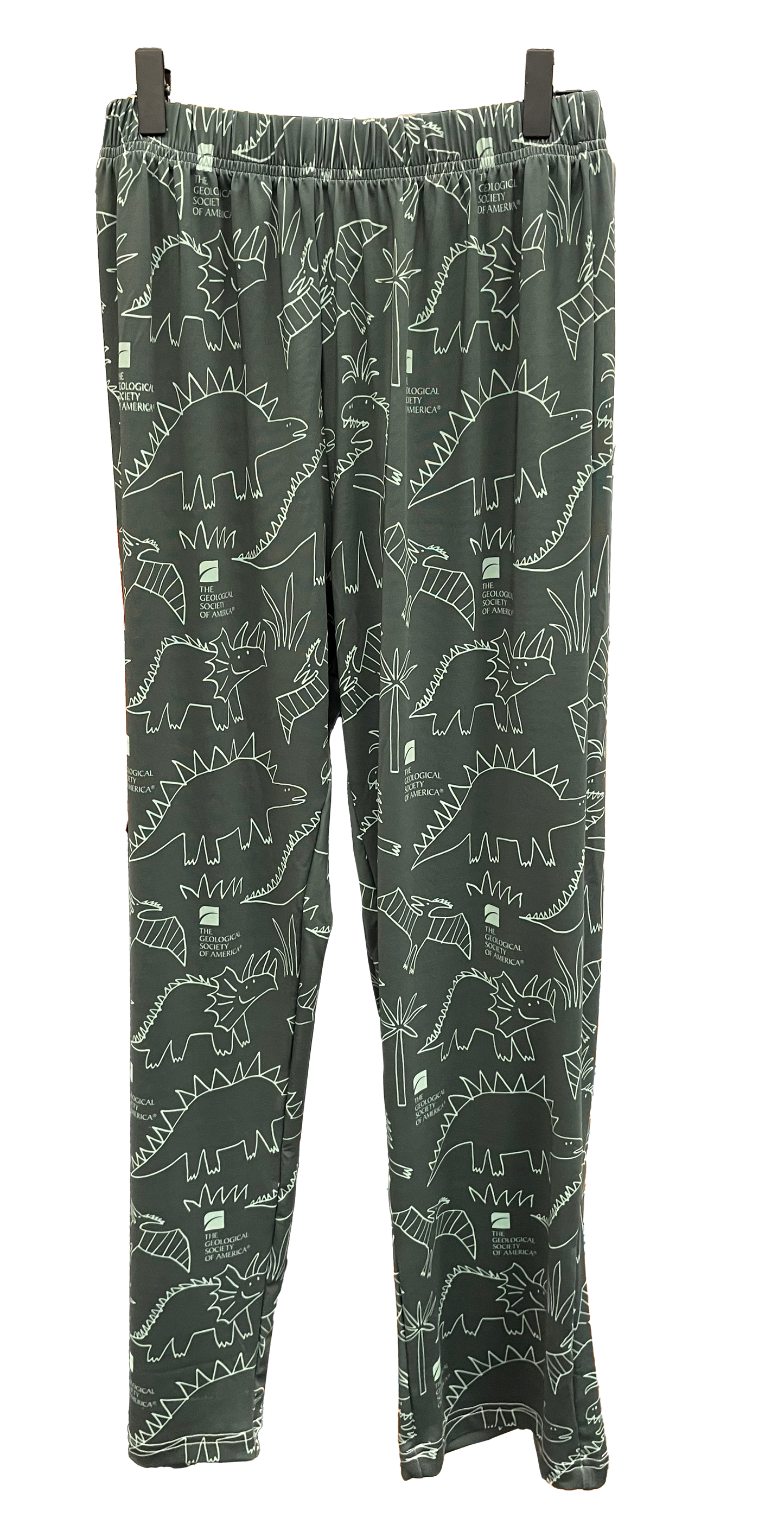 white line drawings of dinosaurs and the GSA logo on dark green pajama pants