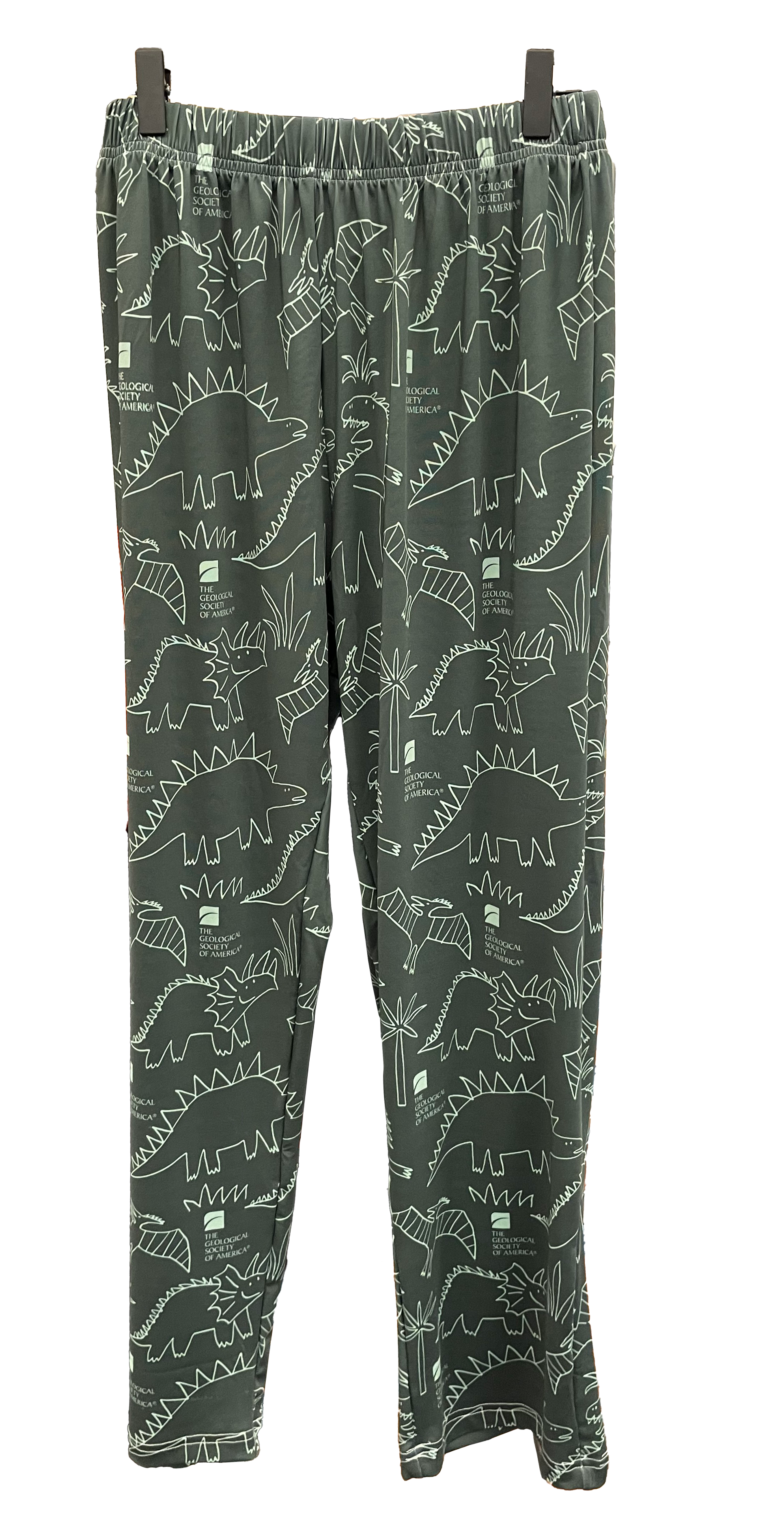 white line drawings of dinosaurs and the GSA logo on dark green pajama pants