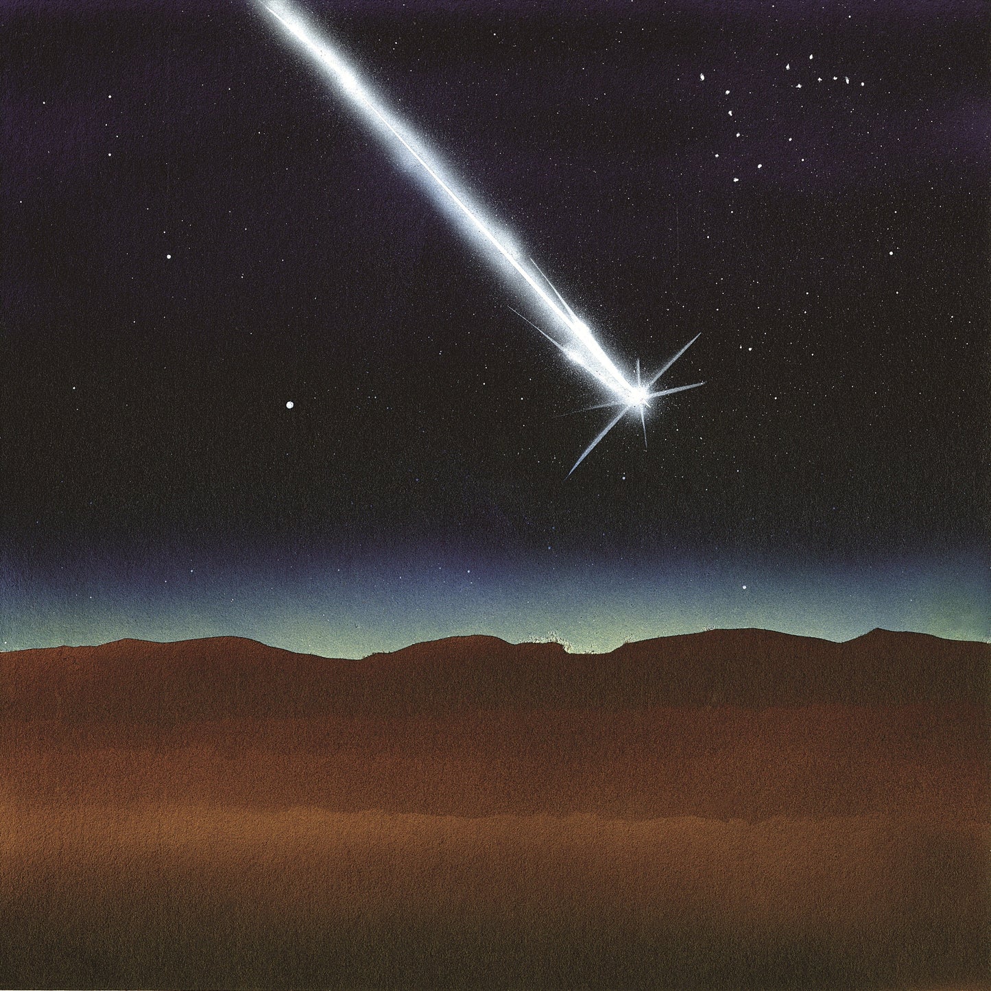 A painting of a bright meteor streaking across a starry night sky above a dark brown desert landscape.