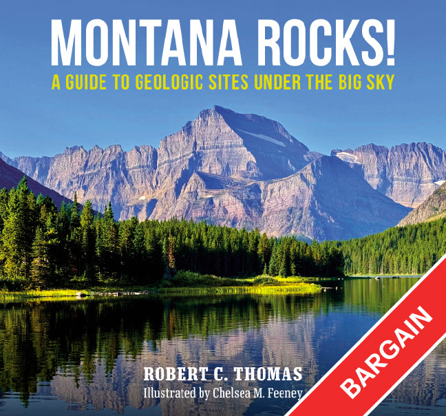 Book cover of 'Montana Rocks!' with a mountain and lake landscape. There is a red banner on the right corner that reads "bargain." 