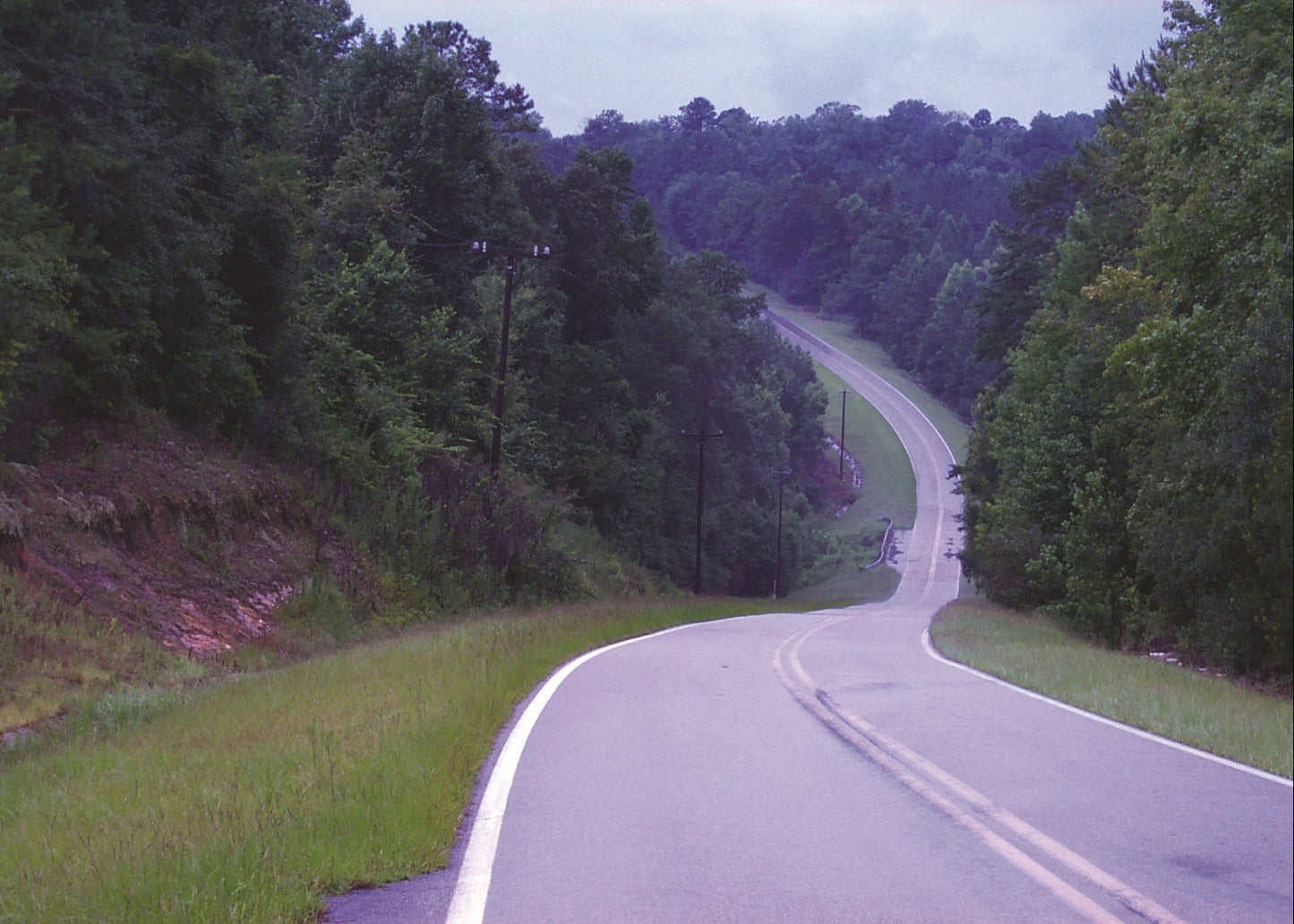 A paved two-lane road curves through a wooded landscape with grassy slopes and dense trees under an overcast sky. Florida