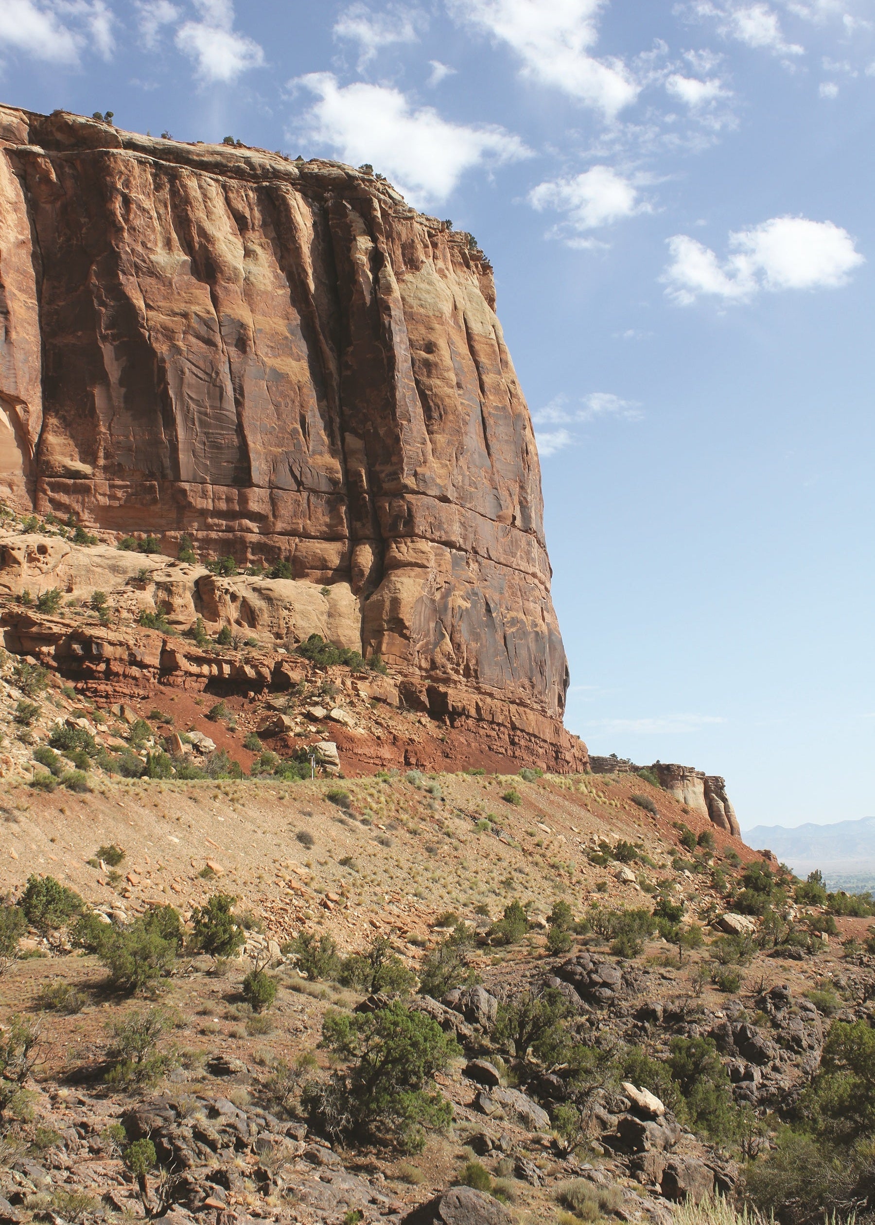 Rugged desert landscape with a large cliff face under a blue sky, Fruita, Colorado