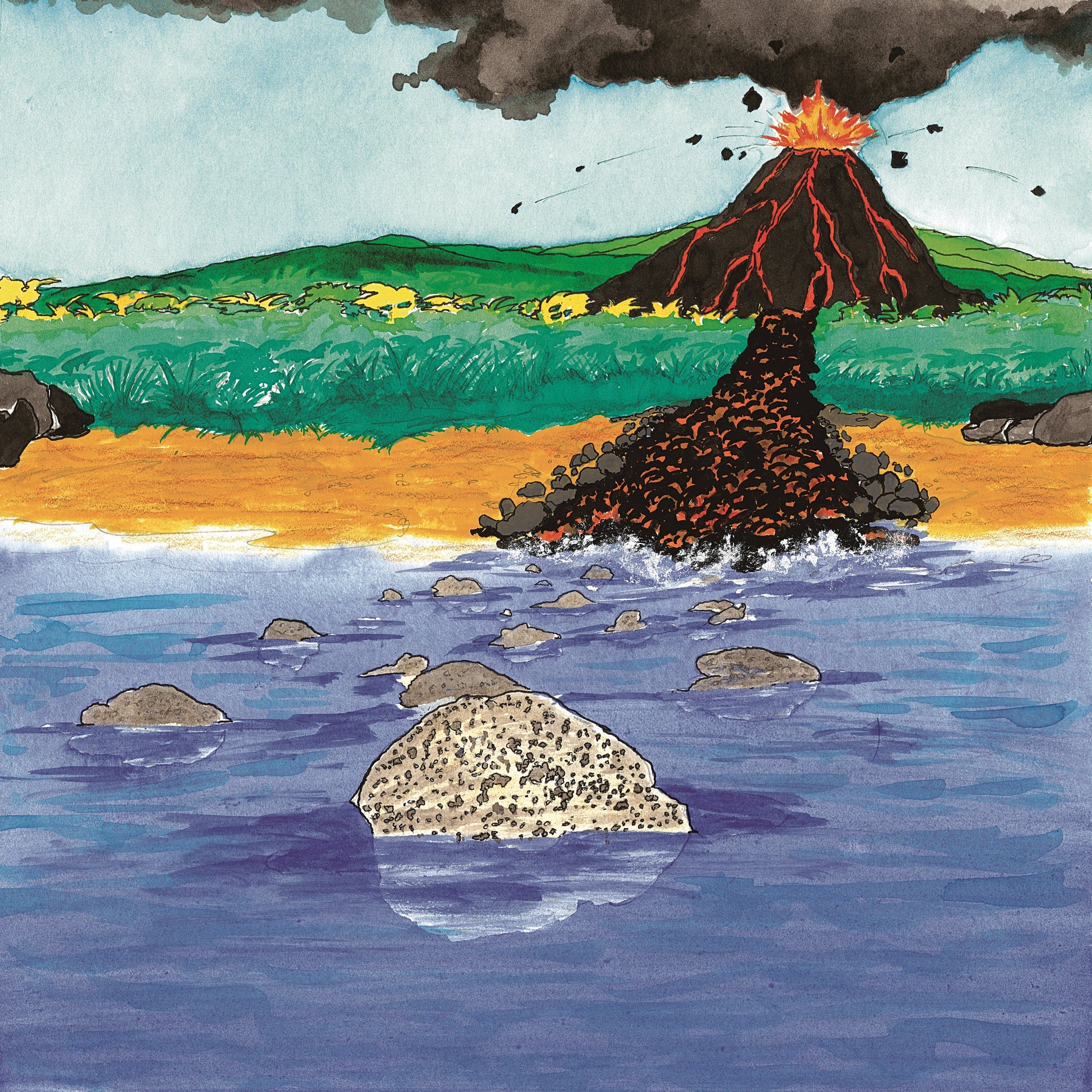 A stylized landscape illustration showing an erupting volcano with glowing orange lava, dark smoke, green hills, a sandy shore, and blue water in the foreground. There is pumice floating in the water. 