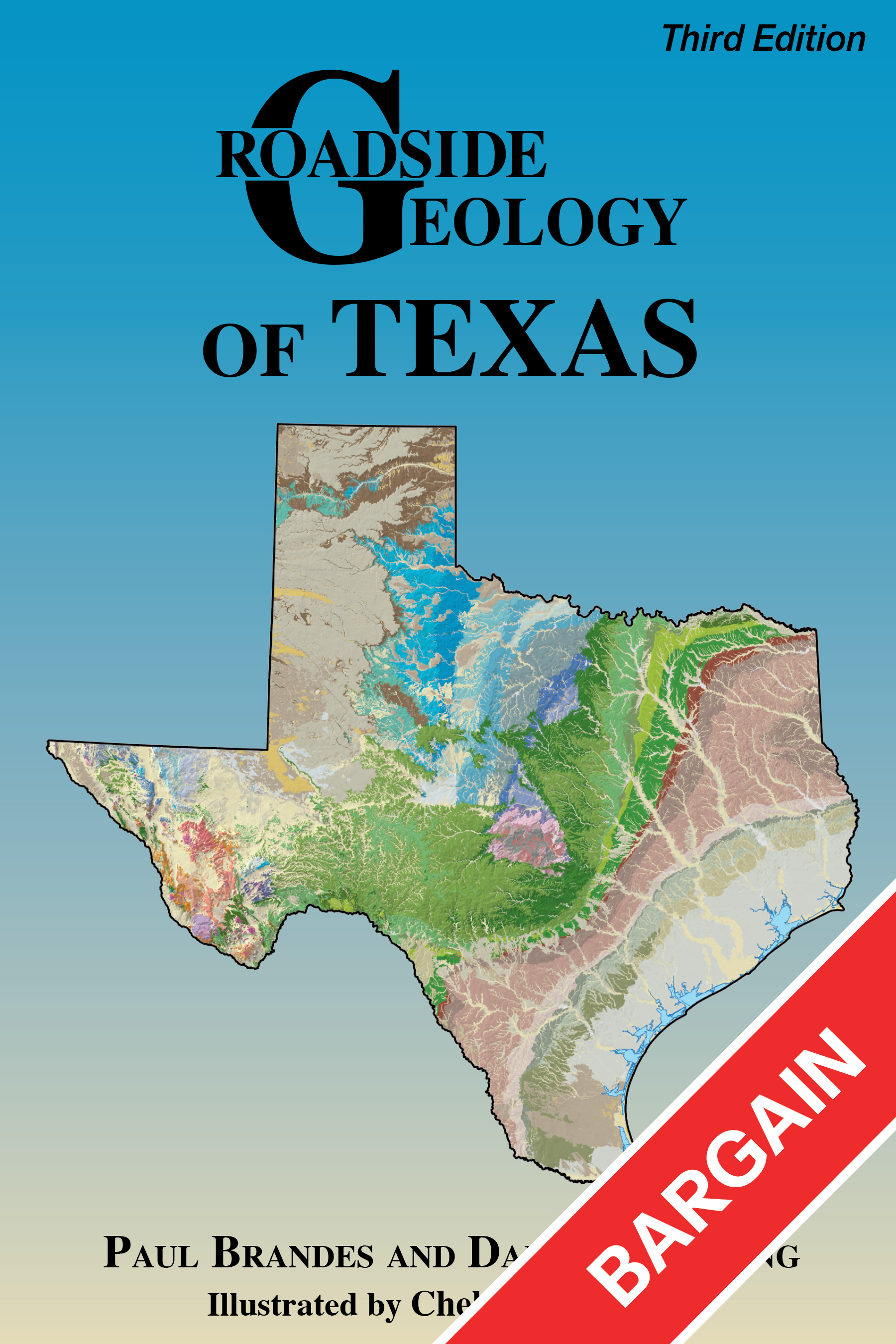 Book cover of 'Roadside Geology of Texas' with a map of Texas on a blue background. There is a red banner that reads bargain. 