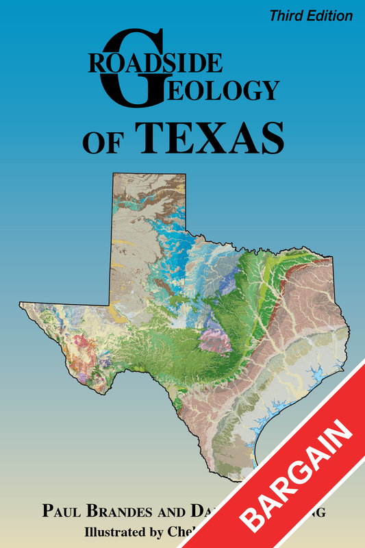 Book cover of 'Roadside Geology of Texas' with a map of Texas on a blue background. There is a red banner that reads bargain. 