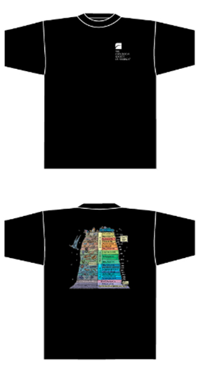 Black T-shirt: Front features the GSA logo in white; black features Ray Troll's colorful time scale.