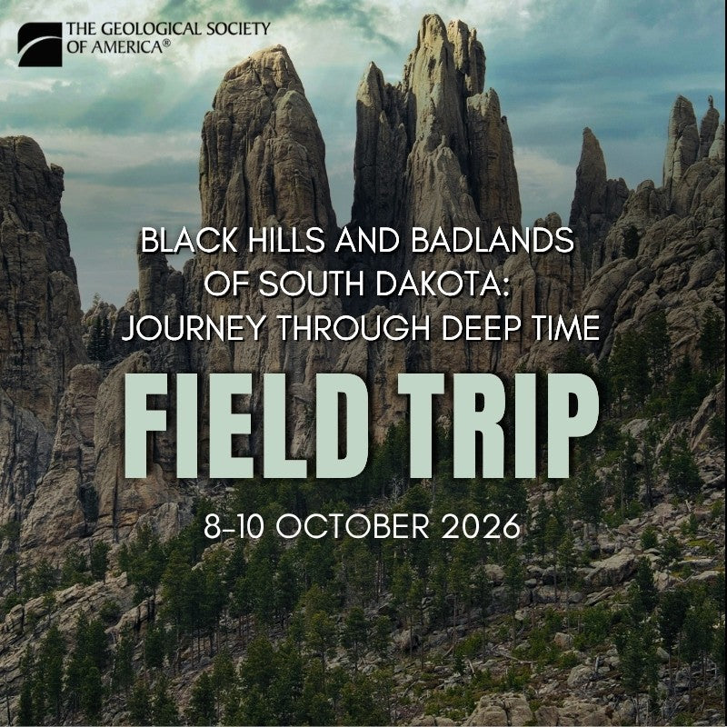 Rugged mountain landscape with tall rock formations under a cloudy sky. Text advertises a GSA field trip. 