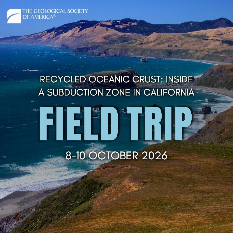 Coastal landscape with turquoise ocean waves, rocky shoreline cliffs, and rolling hills overlooking a winding coastal road under a clear blue sky. Text advertises a GSA field trip. 
